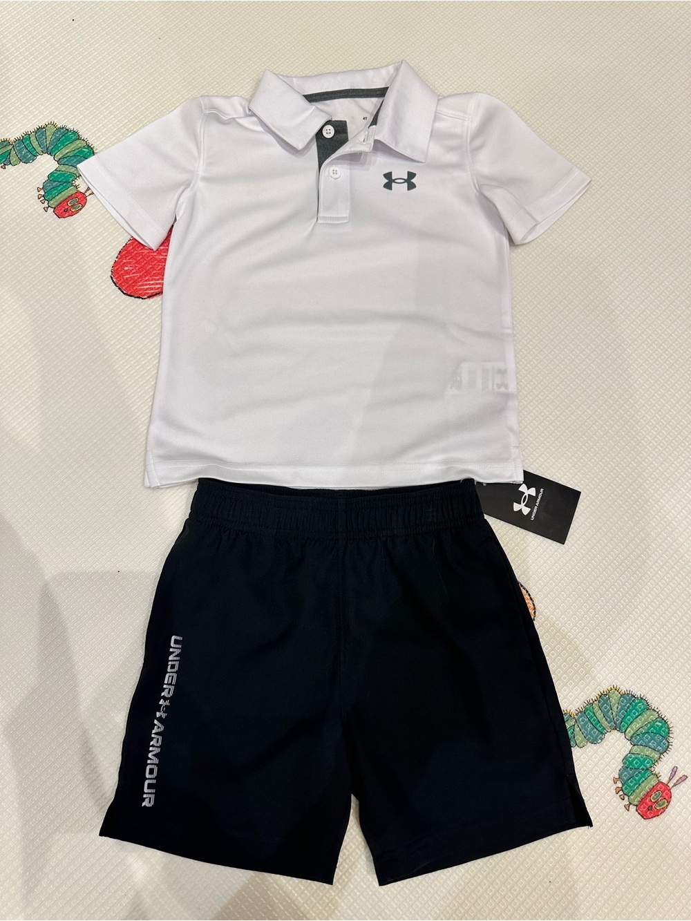 Under Armour White Polo Shirt & Black Athletic Shorts Kids Size 4T